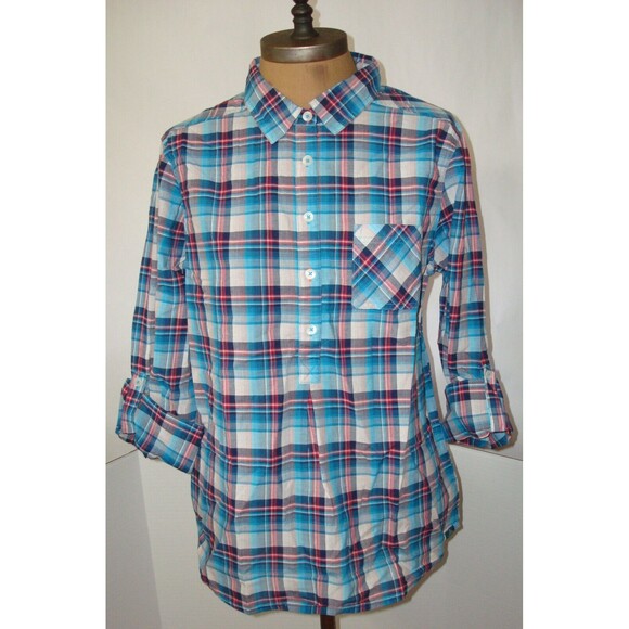 New Womens NWT M Blue White Red Pink PrAna Top Plaid Organic Casual Gina Roll - Picture 3 of 9